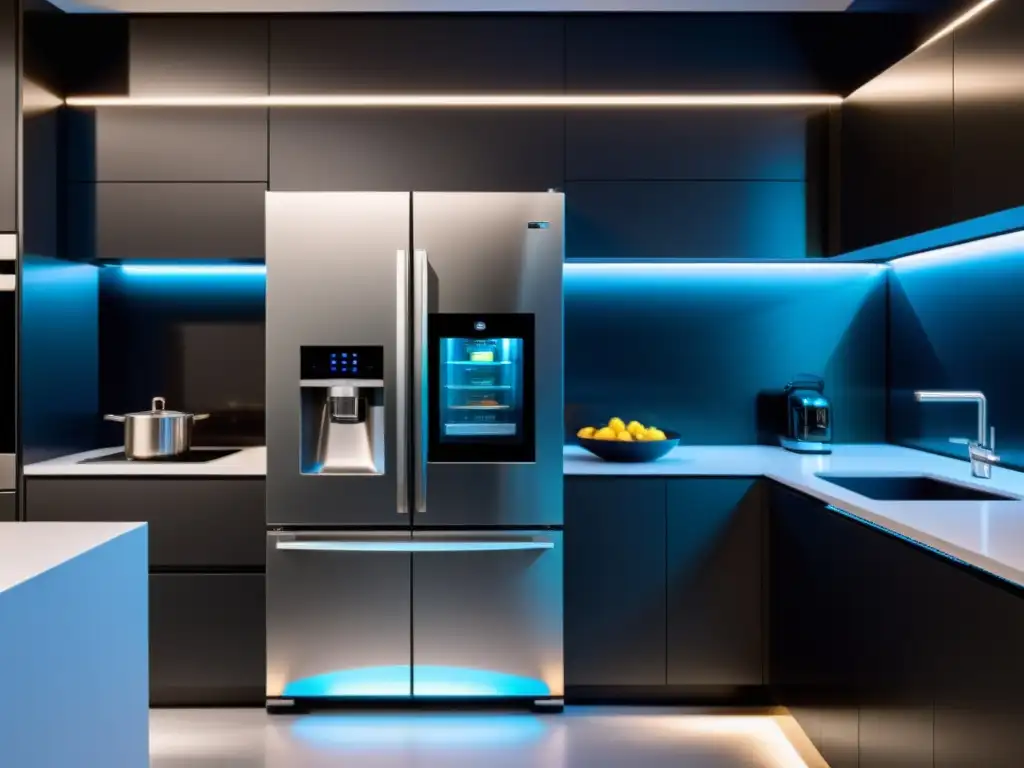 Moderna cocina con electrodomésticos de alta tecnología iluminados y diseño futurista