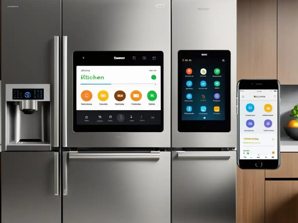 Moderna cocina con electrodomésticos conectados a smartphone