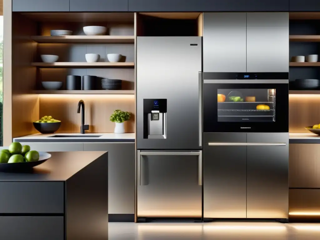 Moderna cocina con electrodomésticos conectados ahorro energético, diseño futurista y líneas limpias, iluminación natural