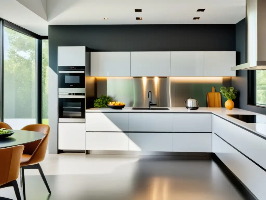 Moderna cocina con electrodomésticos bajo consumo energético, iluminada por luz natural y decoración minimalista