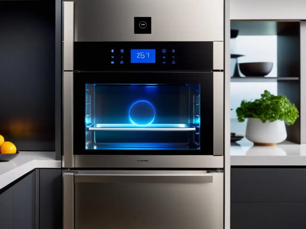 Moderna cocina con electrodomésticos controlados por voz y gestos, diseño limpio y high-tech