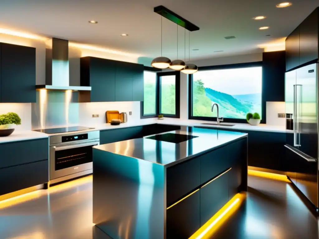 Moderna cocina con electrodomésticos de eficiencia energética, isla con placa de inducción y detalles de iluminación LED