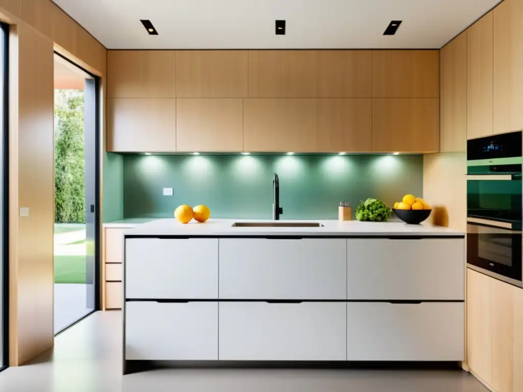 Moderna cocina con electrodomésticos eficientes energéticamente, luz natural y toques contemporáneos