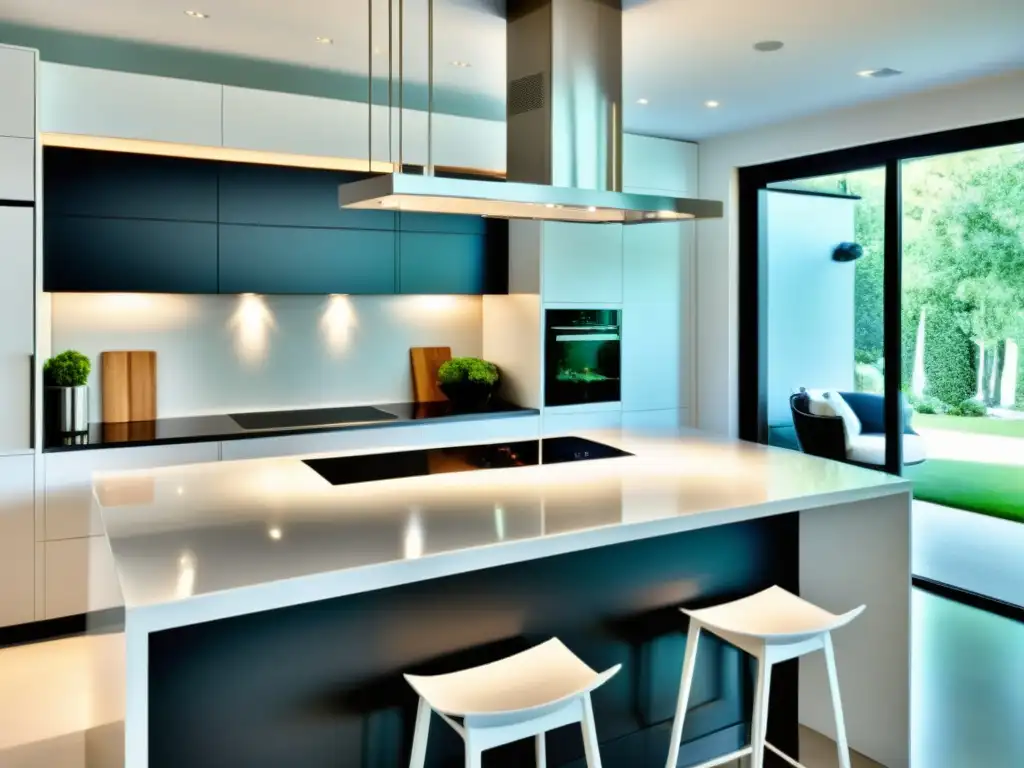 Cocina moderna de acero inoxidable con elegancia y funcionalidad Moderna cocina con electrodomésticos integrados de acero inoxidable, elegante diseño y toques de lujo