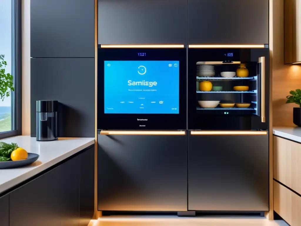 Moderna cocina con electrodomésticos inteligentes vulnerables proteger, pantalla táctil futurista y ambiente sofisticado