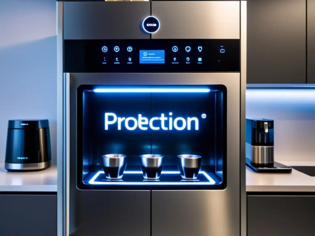 Moderna cocina con electrodomésticos inteligentes iluminados con LED, destacando la protección de datos y privacidad