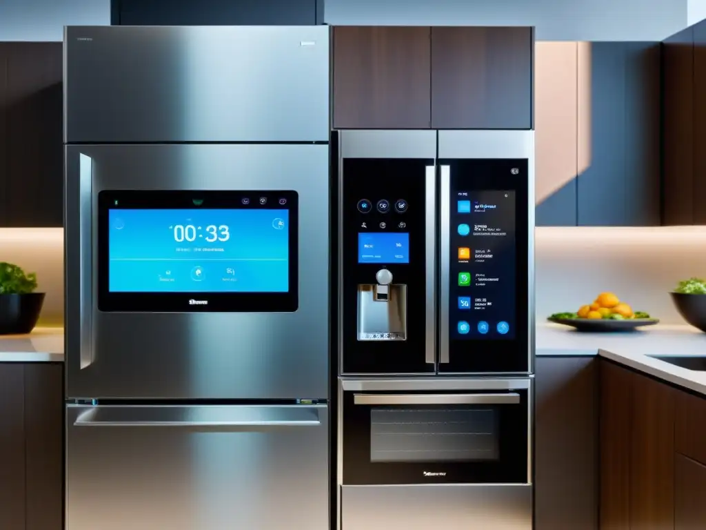 Moderna cocina con electrodomésticos inteligentes para casa, pantalla táctil transparente en el refrigerador y comandos de voz en el horno y la estufa