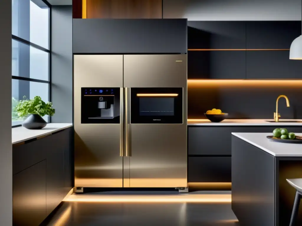 Moderna cocina con electrodomésticos inteligentes, incluyendo refrigerador, horno y placa de inducción