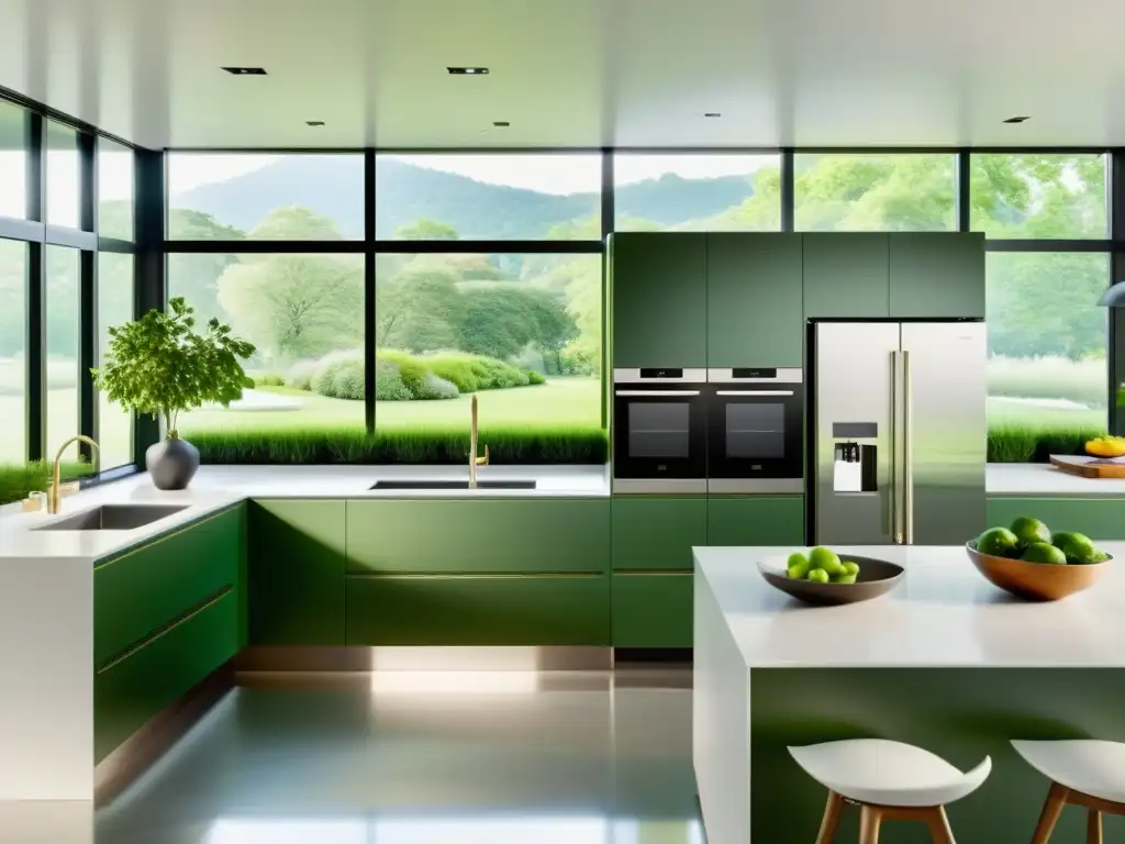 Moderna cocina con electrodomésticos verdes de acero inoxidable y tecnología LED, en un ambiente sereno y ecológico