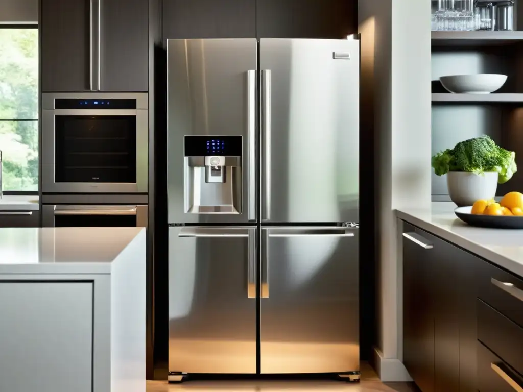 Moderna cocina con elegante refrigerador de acero inoxidable