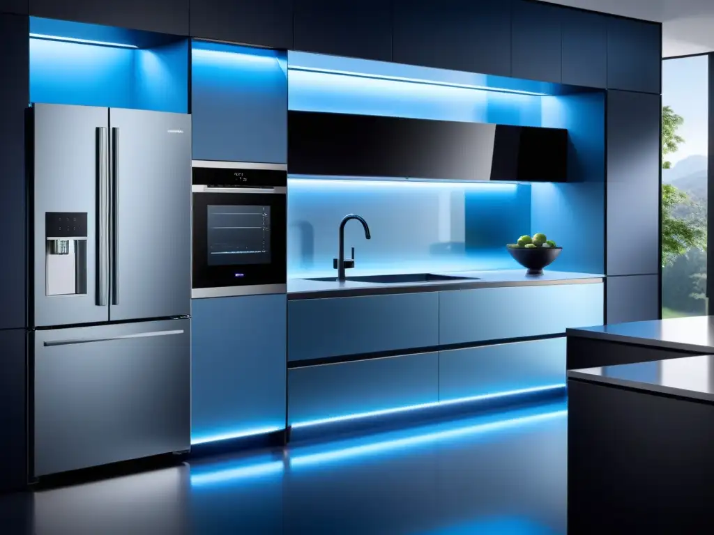 Moderna cocina inteligente con electrodomésticos actualizándose, emitiendo una luz azul suave