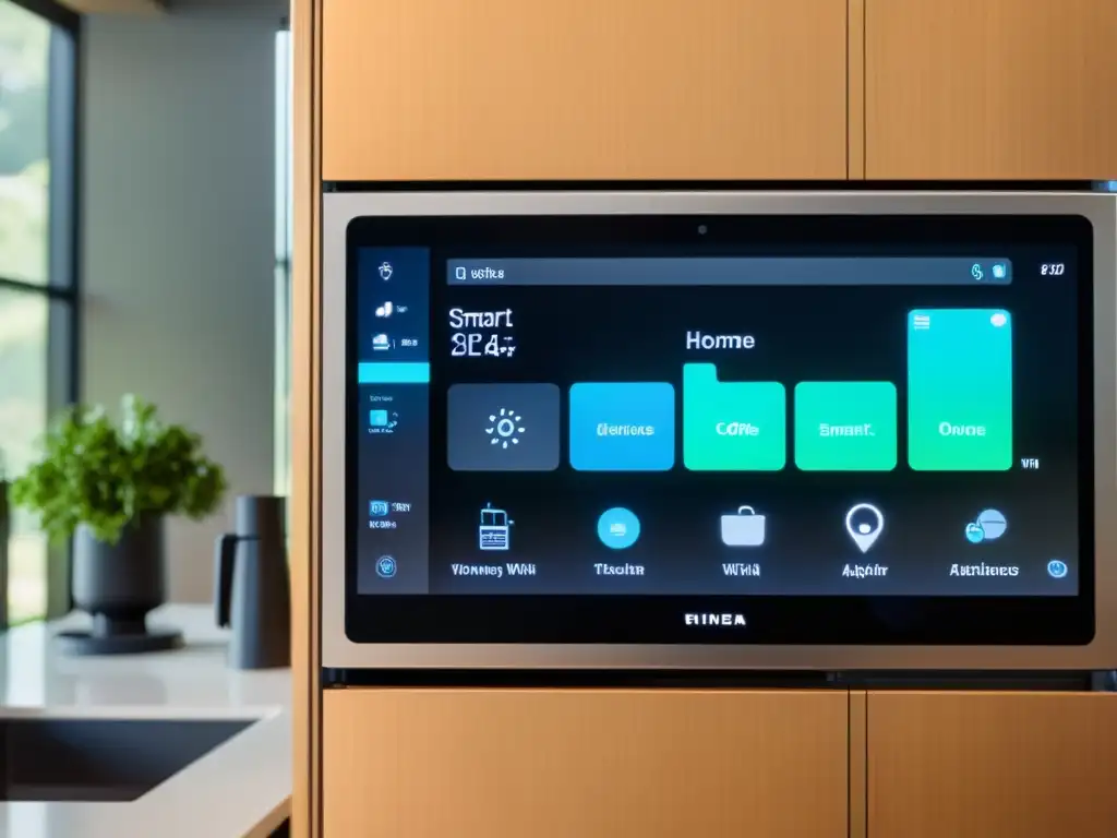 Moderna cocina inteligente con iluminación suave y electrodomésticos WiFi