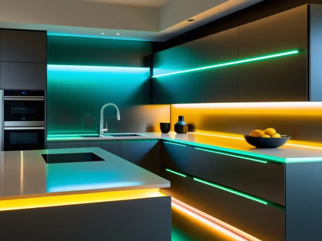 Iluminación LED moderna para cocina: Ambiente futurista y elegante Moderna cocina con luces LED bajo gabinetes, iluminando electrodomésticos de acero inoxidable