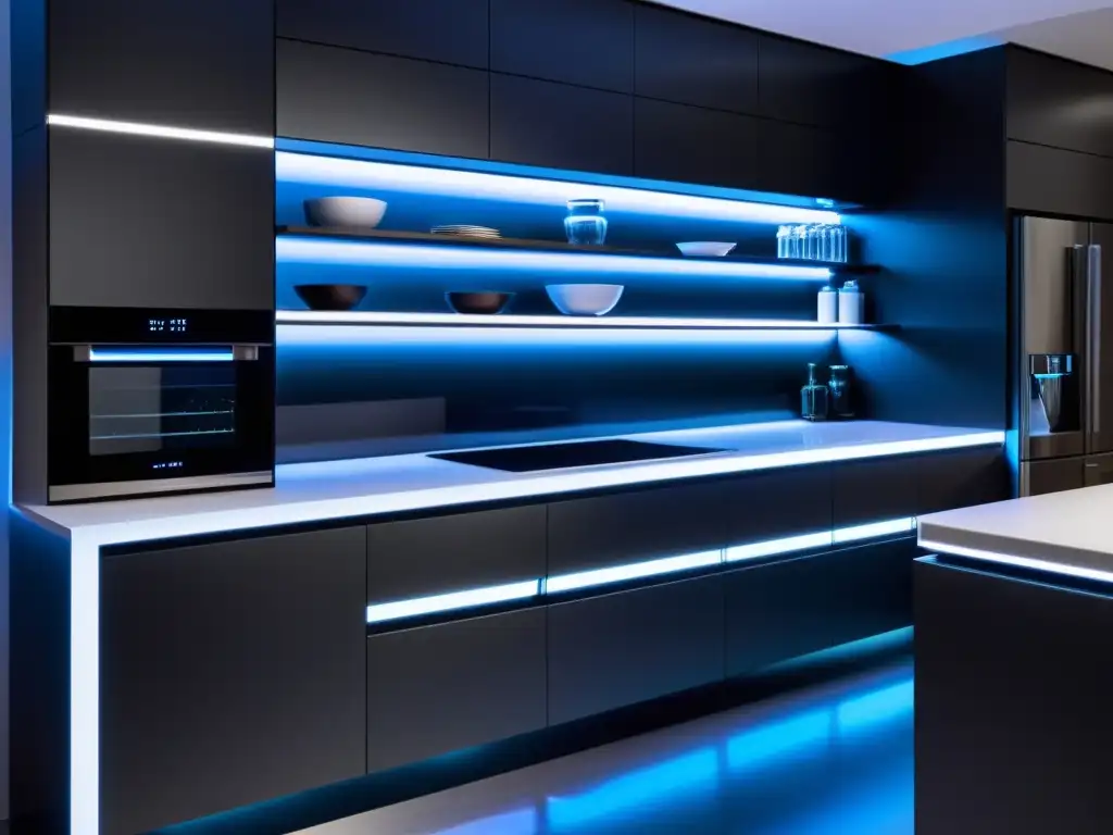 Cocina moderna con iluminación LED integrada y tecnología de vanguardia Moderna cocina con luces LED integradas en los electrodomésticos, creando un ambiente futurista y acogedor
