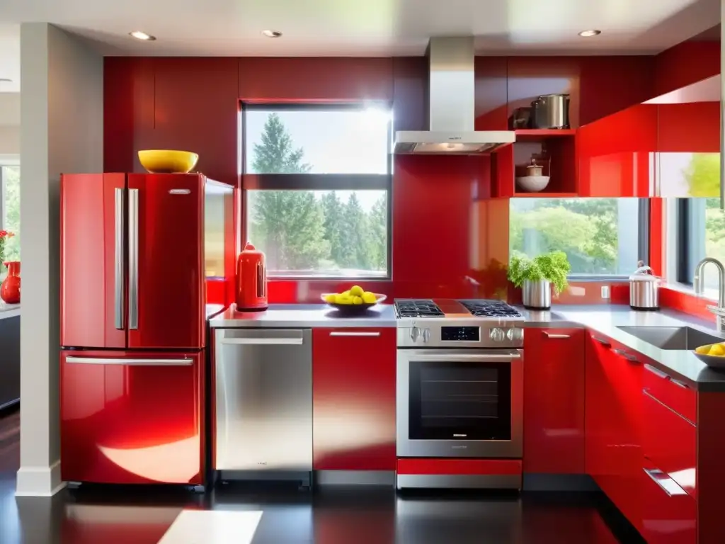 Moderna cocina roja con electrodomésticos de acero inoxidable, reflejando energía y estilo contemporáneo