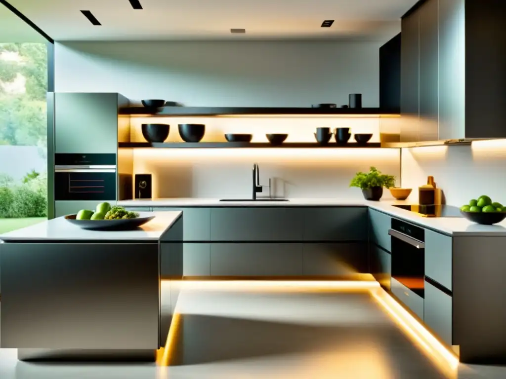 Moderna cocina sostenible con electrodomésticos eficientes en energía y agua, iluminados con LED