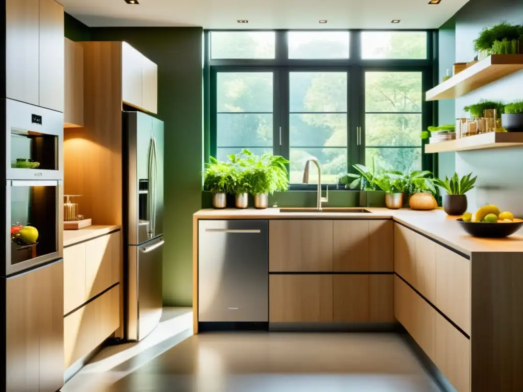 Moderna cocina sostenible con electrodomésticos energéticamente eficientes, rodeada de plantas verdes y bañada por luz natural