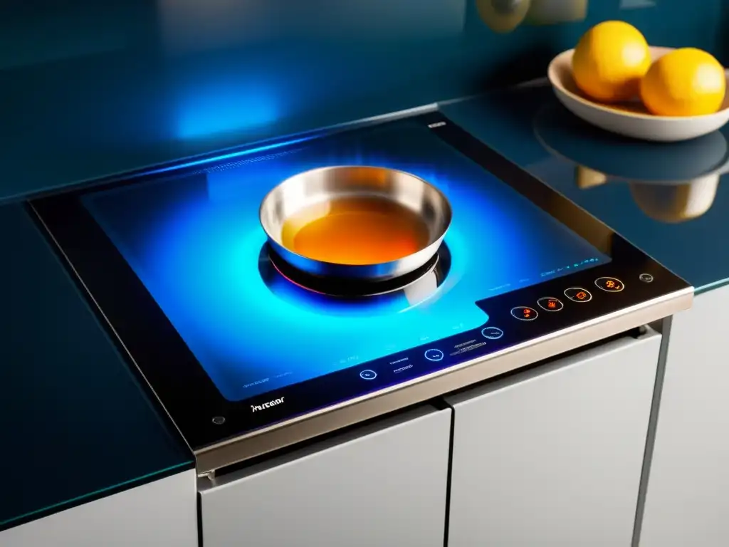 Moderna cocina de inducción con superficie de vidrio negro brillante, panel de control iluminado y olla de agua hirviendo