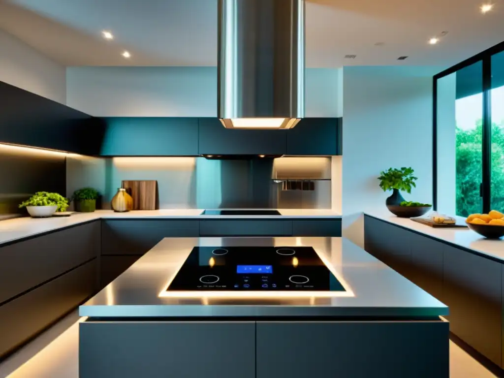 Moderna cocina con tecnología de inducción, eficiencia energética y elegante diseño minimalista