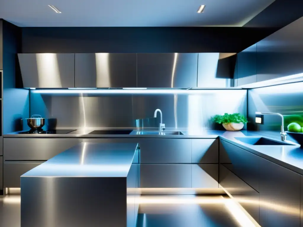 Moderna cocina con utensilios de alta tecnología organizados en elegantes encimeras de acero inoxidable, iluminada con luces suaves