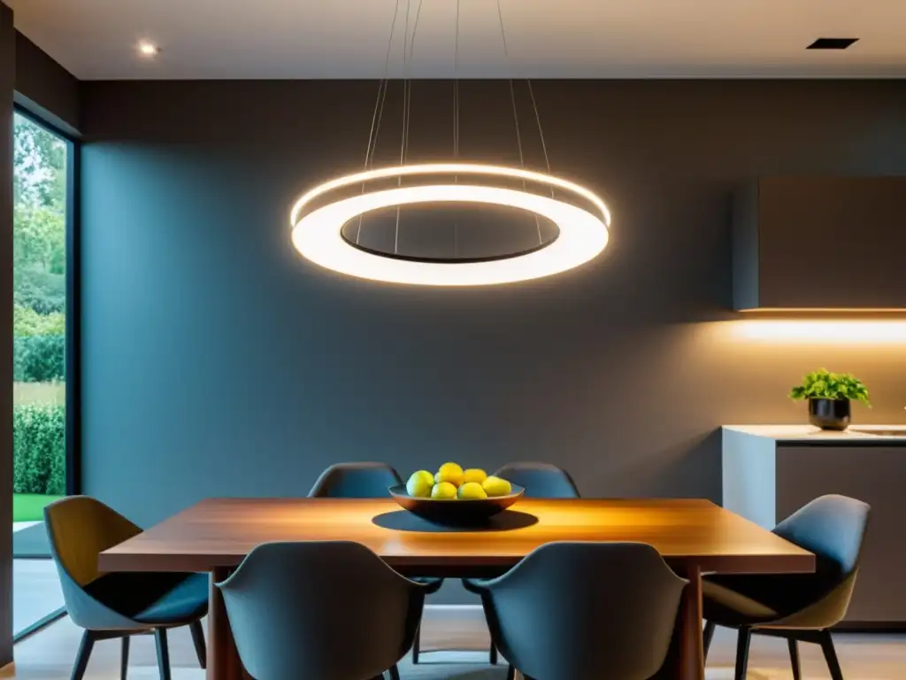 Una moderna lámpara colgante LED ilumina una elegante mesa de comedor en un hogar contemporáneo