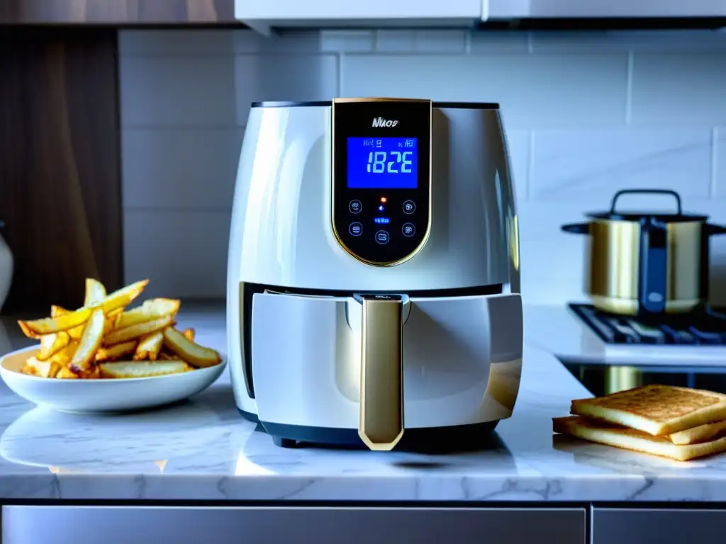 Una moderna freidora de aire con pantalla digital y controles táctiles en una encimera de cocina