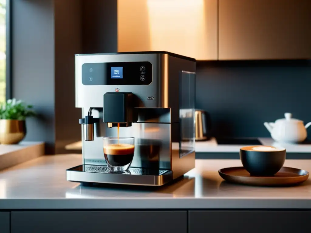 Una moderna máquina de café en cápsulas en un entorno minimalista, con una taza de espresso humeante en la encimera