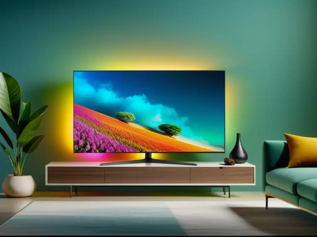 Una Smart TV moderna con pantalla cristalina 8K y un diseño minimalista en una sala contemporánea