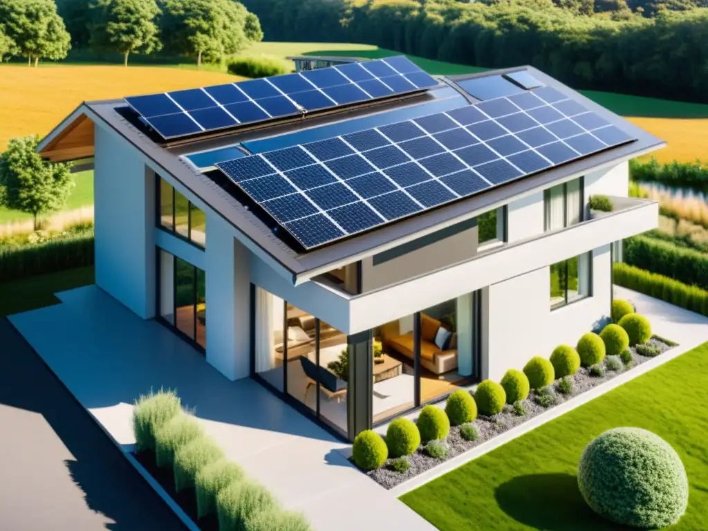 Moderna casa suburbana con paneles solares integrados, reflejando la integración de la tecnología solar y los costos y ahorros paneles solares