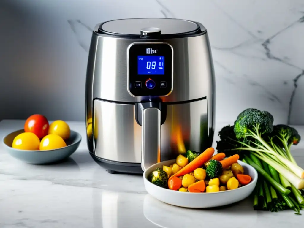 Un moderno air fryer de acero inoxidable en una encimera de mármol, con vegetales keto perfectamente asados y brillantes