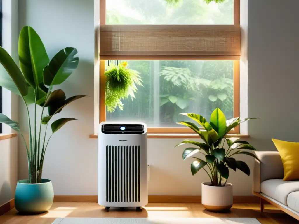 Un moderno aire acondicionado con pantalla de eficiencia energética en un hogar ecoamigable con plantas y decoración sostenible