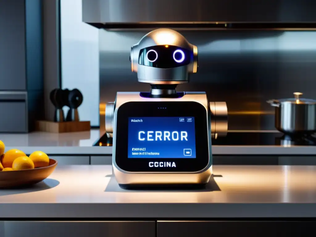 Robot cocina moderno en ambiente cálido, con mensaje de error en reinicio seguro