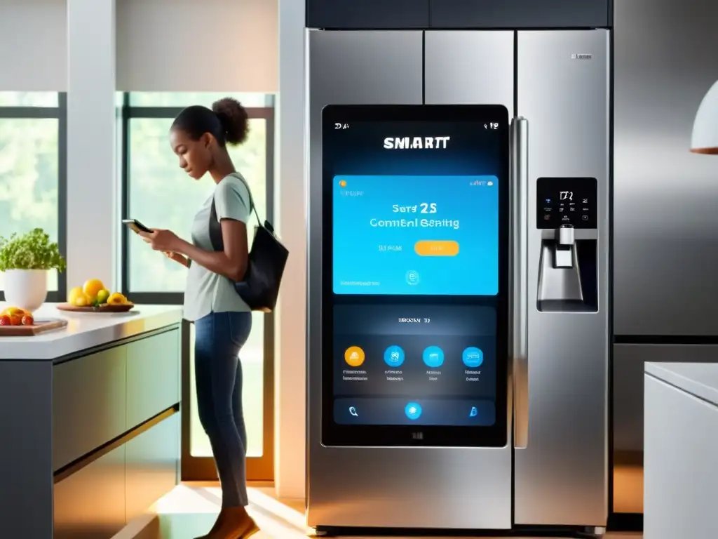 Controla la seguridad de tu hogar desde tu cocina inteligente Un moderno ambiente de cocina con electrodomésticos de acero inoxidable conectados a un dispositivo móvil que muestra alertas de seguridad