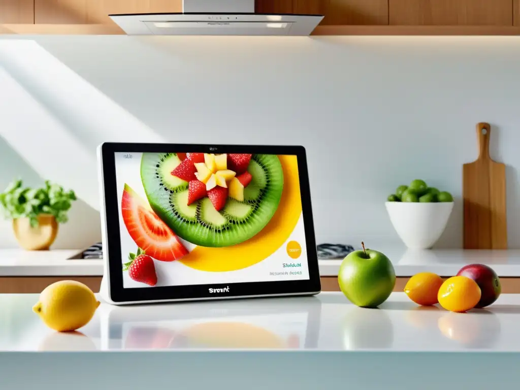 Un moderno smart display en la cocina muestra una vibrante ensalada de frutas