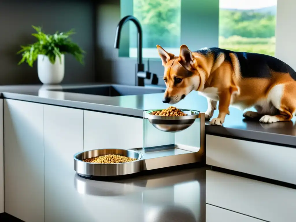 Un moderno comedero inteligente para mascotas en una cocina blanca, dispensando comida para un perro peludo