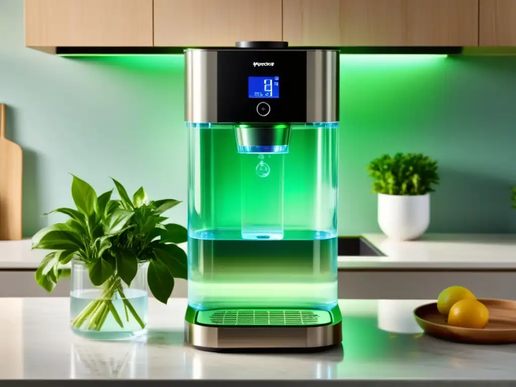 Un moderno dispensador de agua para hogar iluminado con luz ambiental, en una cocina con plantas frescas