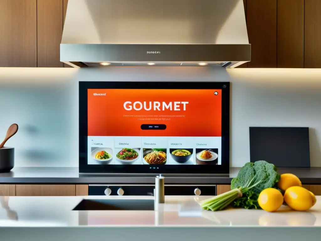 Un moderno smart display en una elegante cocina, mostrando pasos de una receta gourmet