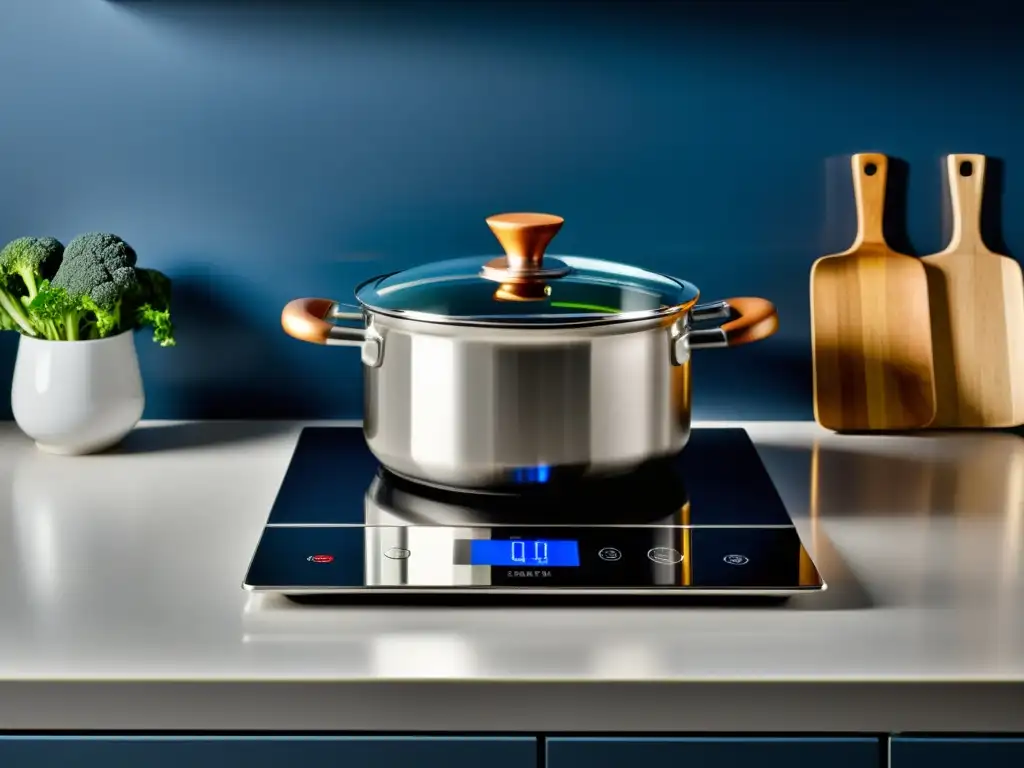 Un moderno y eficiente horno de inducción con display LED azul, en una cocina contemporánea de diseño minimalista