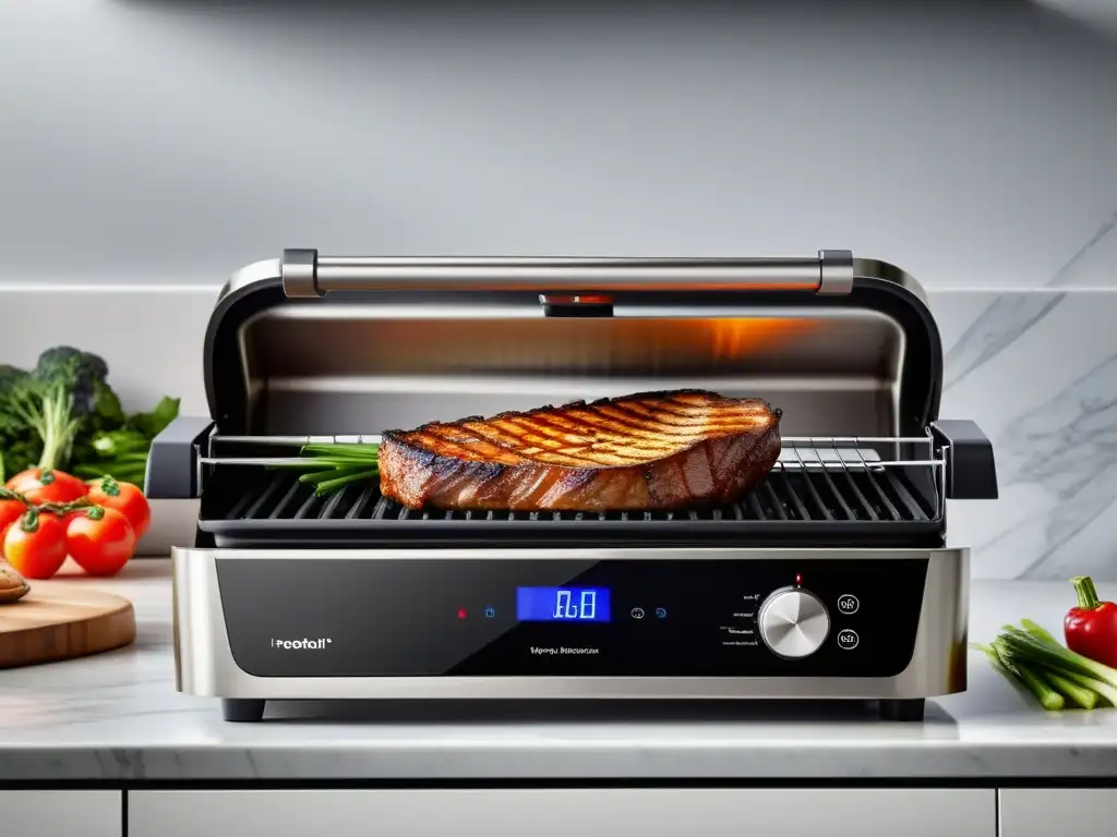 Un moderno grill eléctrico de acero inoxidable en una cocina elegante, con vegetales vibrantes y carne sizzling, emitiendo un aroma delicioso