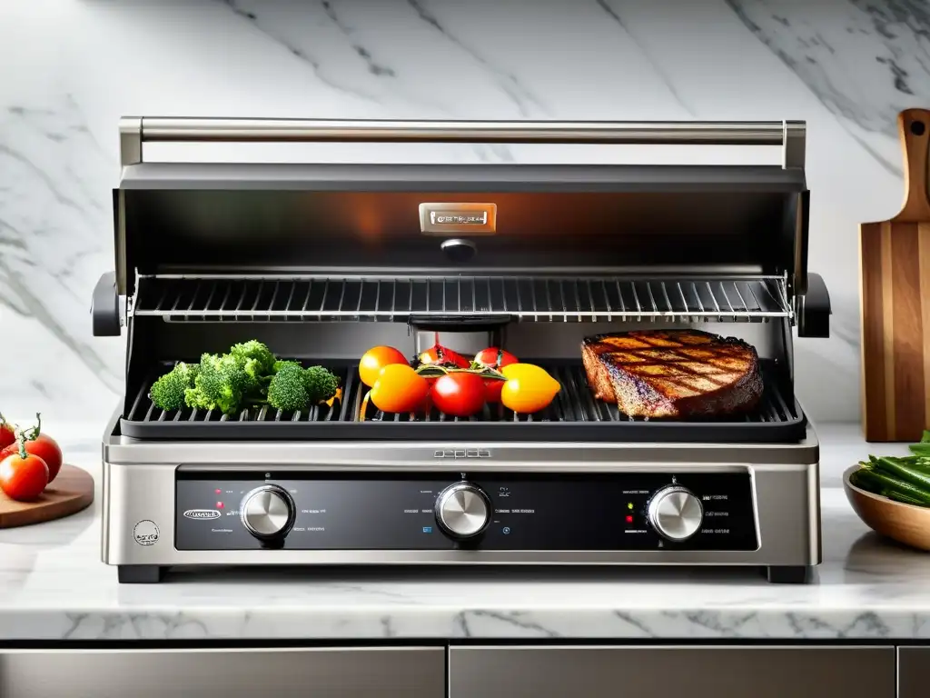 Moderno grill eléctrico en elegante cocina con ingredientes frescos y suaves luces naturales