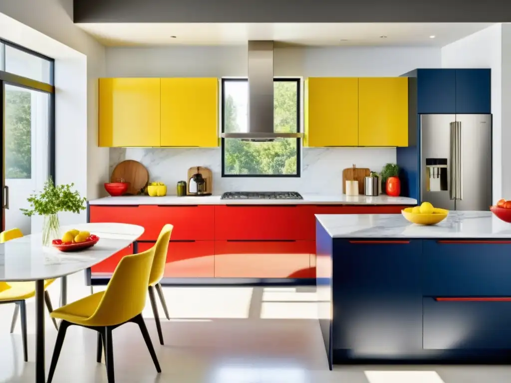 Un moderno y elegante espacio de cocina con electrodomésticos de acero inoxidable en colores llamativos, creando un impacto visual y acogedor