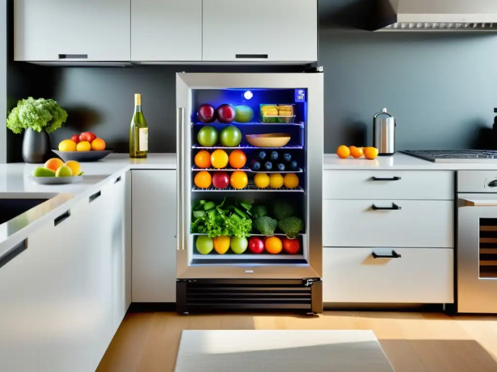 Un moderno y elegante mini refrigerador de acero inoxidable con puerta de vidrio, lleno de frutas, verduras y bebidas