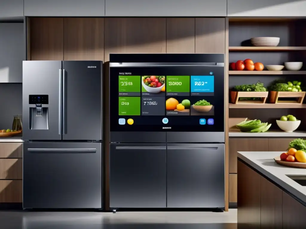 Un moderno frigorífico Samsung Family Hub en una cocina elegante, con pantalla táctil integrada y compartimentos inteligentes