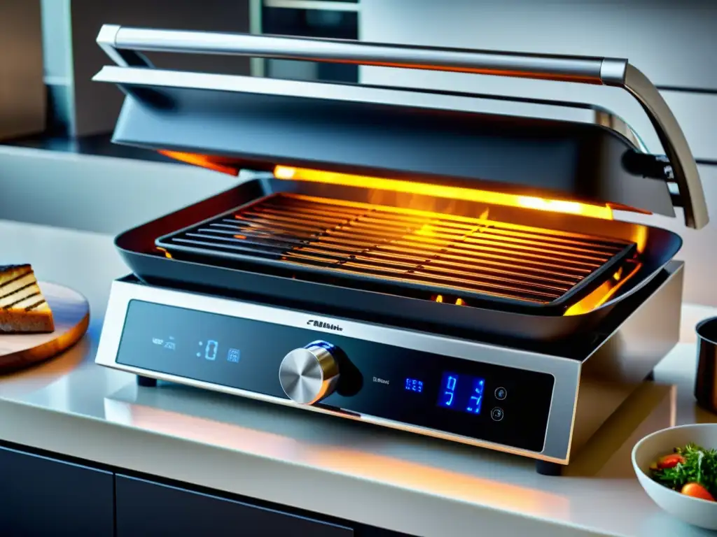 Un moderno grill de contacto en una elegante cocina, asando alimentos con vapor y brillo, el mejor grill para asados en casa