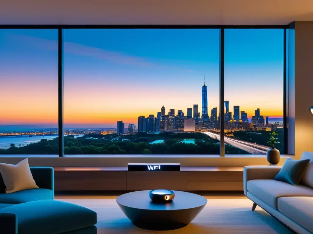 Moderno salón con Smart TV, mensaje de 'WiFi Connection Lost', dispositivos smart y hermosa vista de la ciudad al atardecer