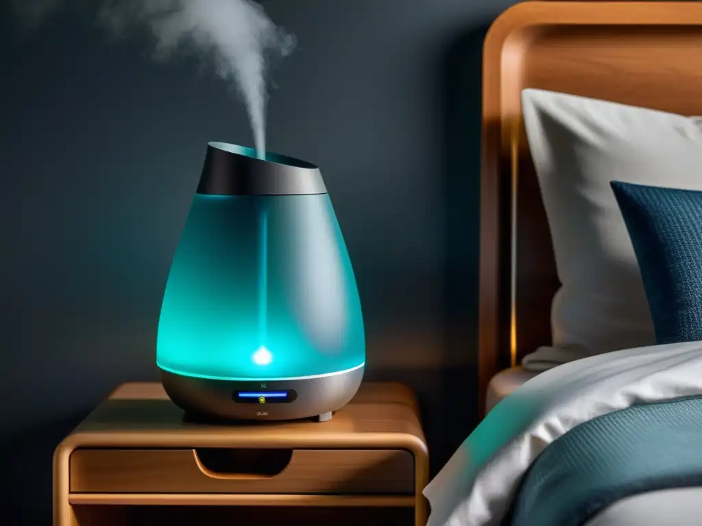 Un moderno humidificador en una mesa de noche emitiendo un suave vapor en una habitación tenue