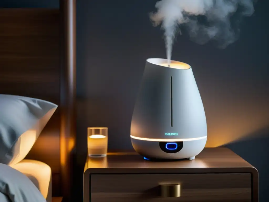 Un moderno humidificador emite suave neblina en la habitación, promoviendo calidad de sueño y tranquilidad