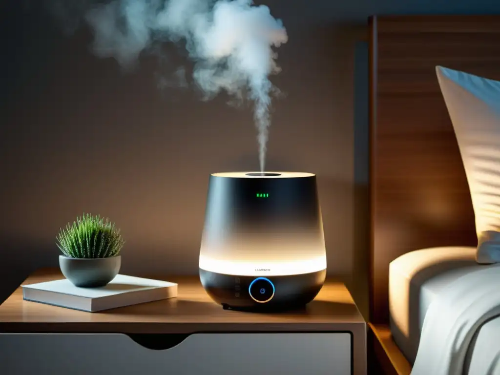 Un moderno humidificador emite un suave vapor en una habitación serena, mejorando la calidad del sueño con sus beneficios para respirar mejor