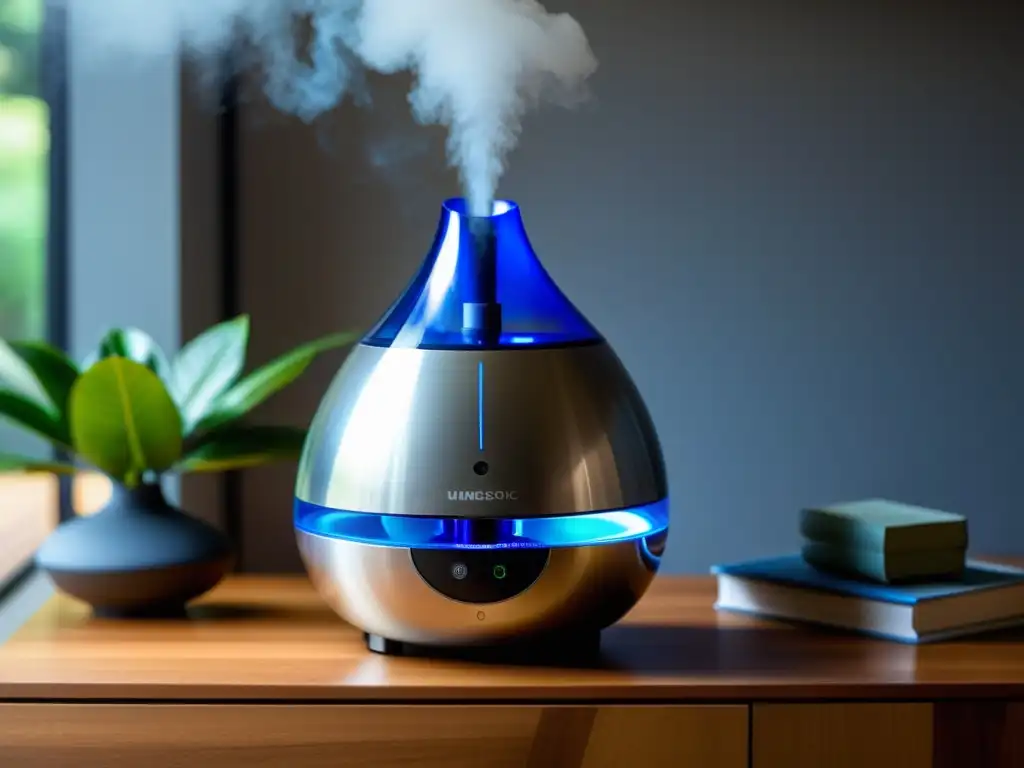 Un moderno humidificador ultrasónico en un elegante salón, creando una atmósfera confortable