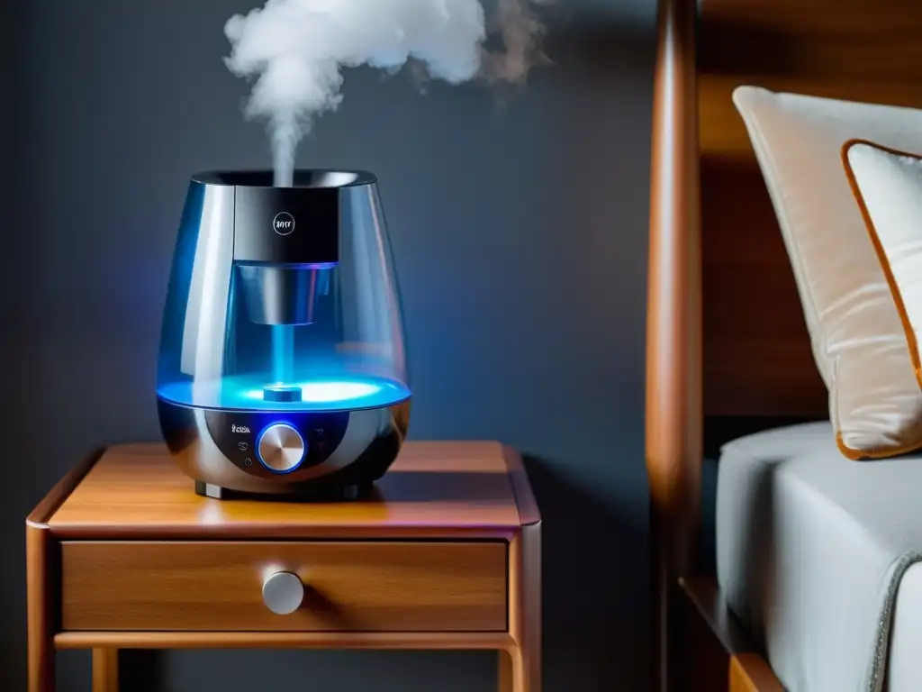 Un moderno humidificador ultrasónico en un elegante velador de madera al lado de un sillón mullido, con una suave y cálida luz emanando de su base